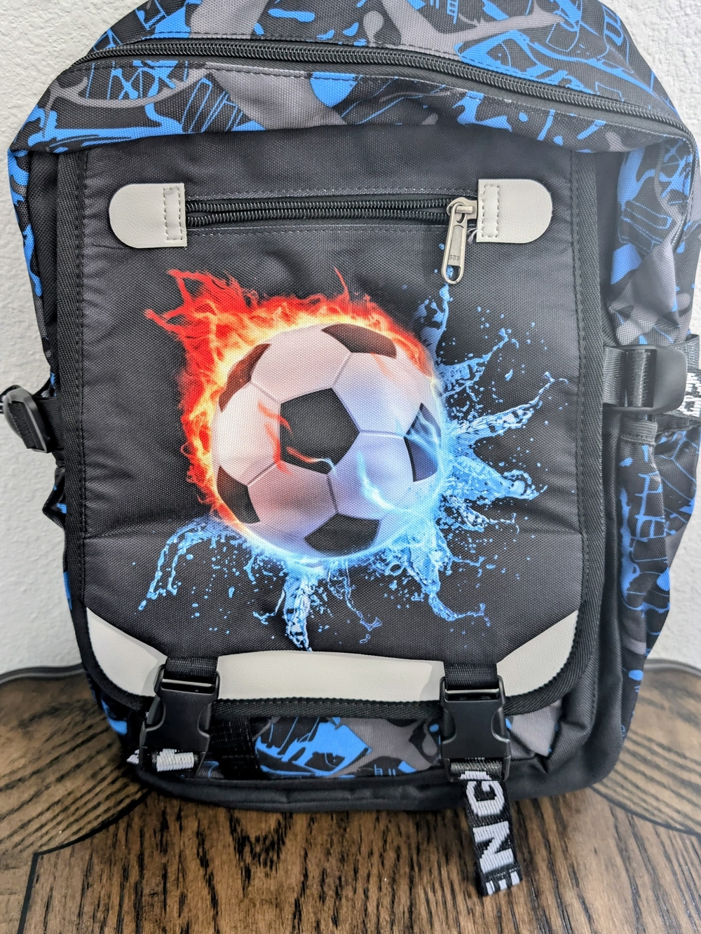 Sports Soccer Print Backpack Black Blue Multi Pocket Back To School